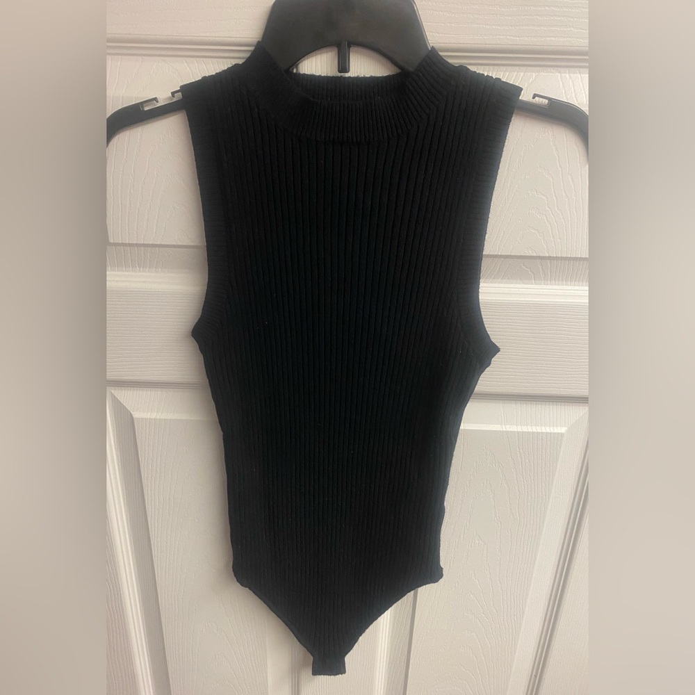 Altar’d State Black Ribbed High Neck Viscose Blend Bodysuit Size Large